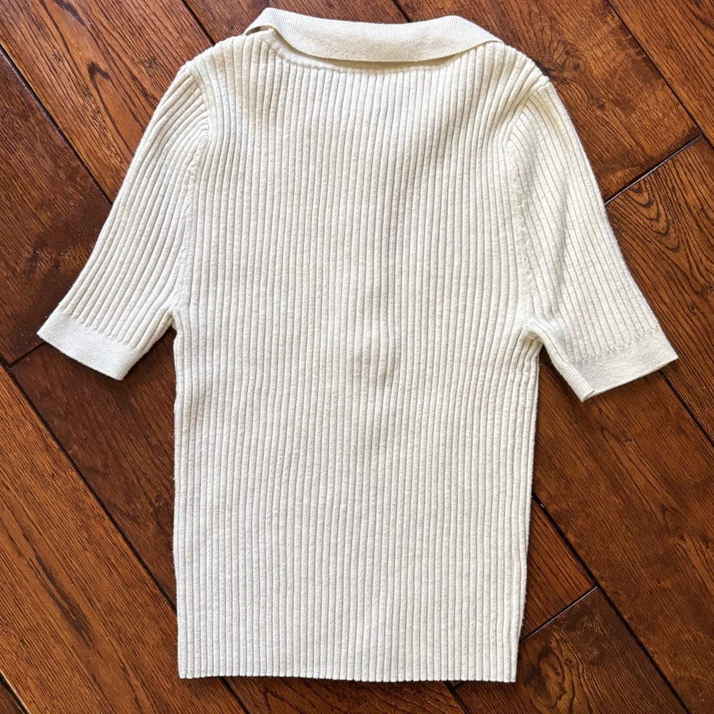 Beige Ribbed Cropped Polo Top - Picture 5 of 5